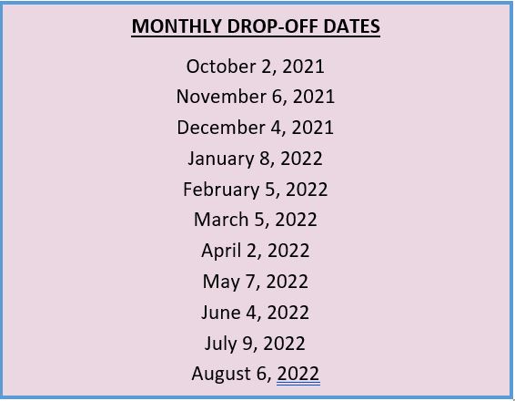 A listing of the monthly dates for dropping off meals for the Good Shepherd Ministry