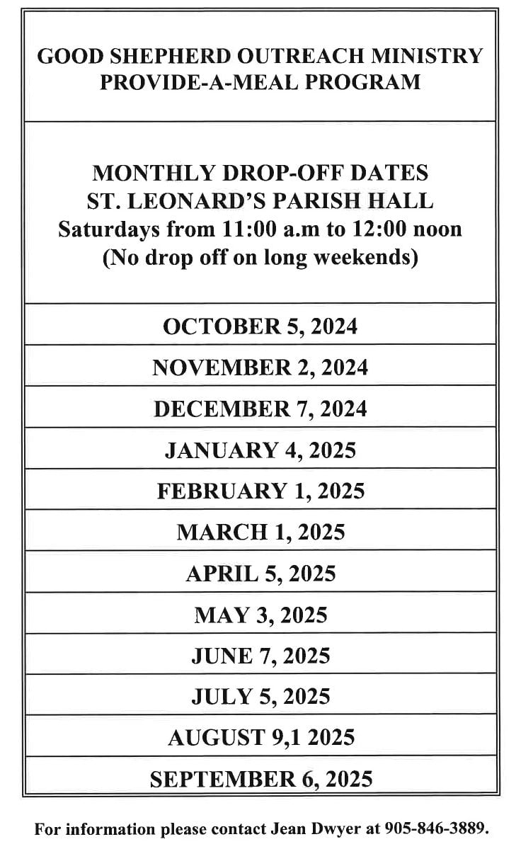 Schedule of Dates for monthly drop-off on First Saturdays except on holiday weekends