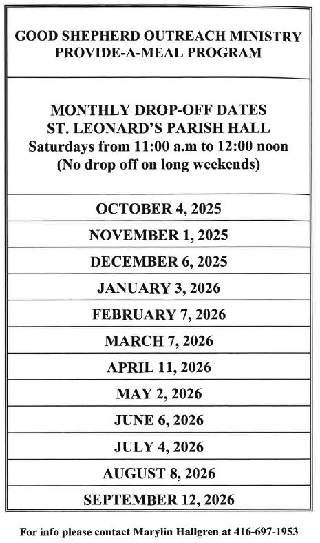 Drop Off Schedle Schedule of dates to drop off meals - first Saturday of each month from 11:00 am to noon. No drop-off on long weekends.