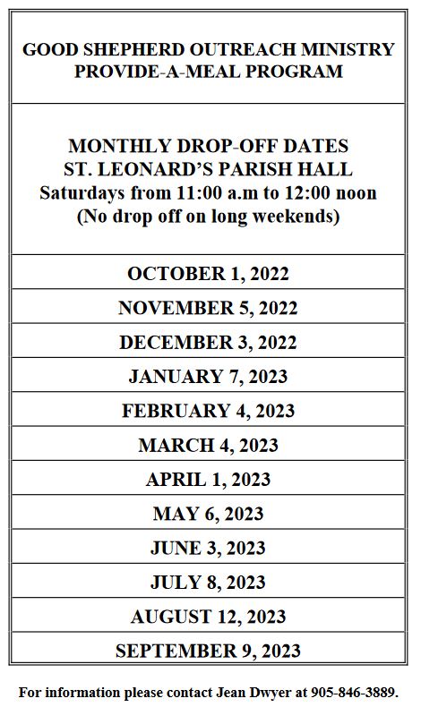 A listing of dates for the Good Shepherd Drop-off