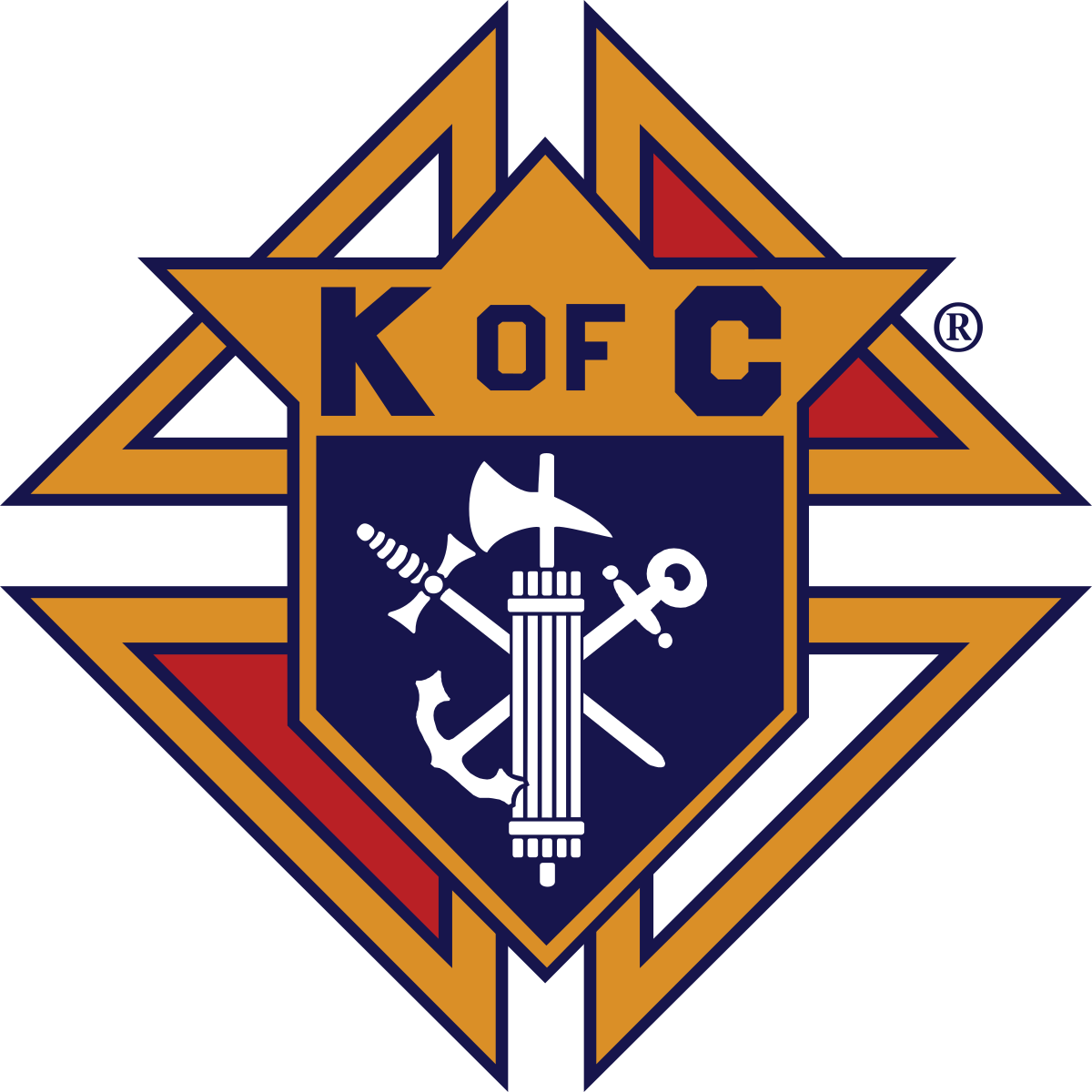 The official logo of the Knights of Columbus with a badge depicting the letters K of C and below a hammer, sword and an anchor