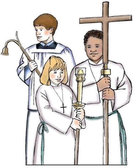 Drawing of 2 boys and a girl dressed as altar servers. One boy is holding a cross, the other a candle snuffer, and the girl is holding a candle.