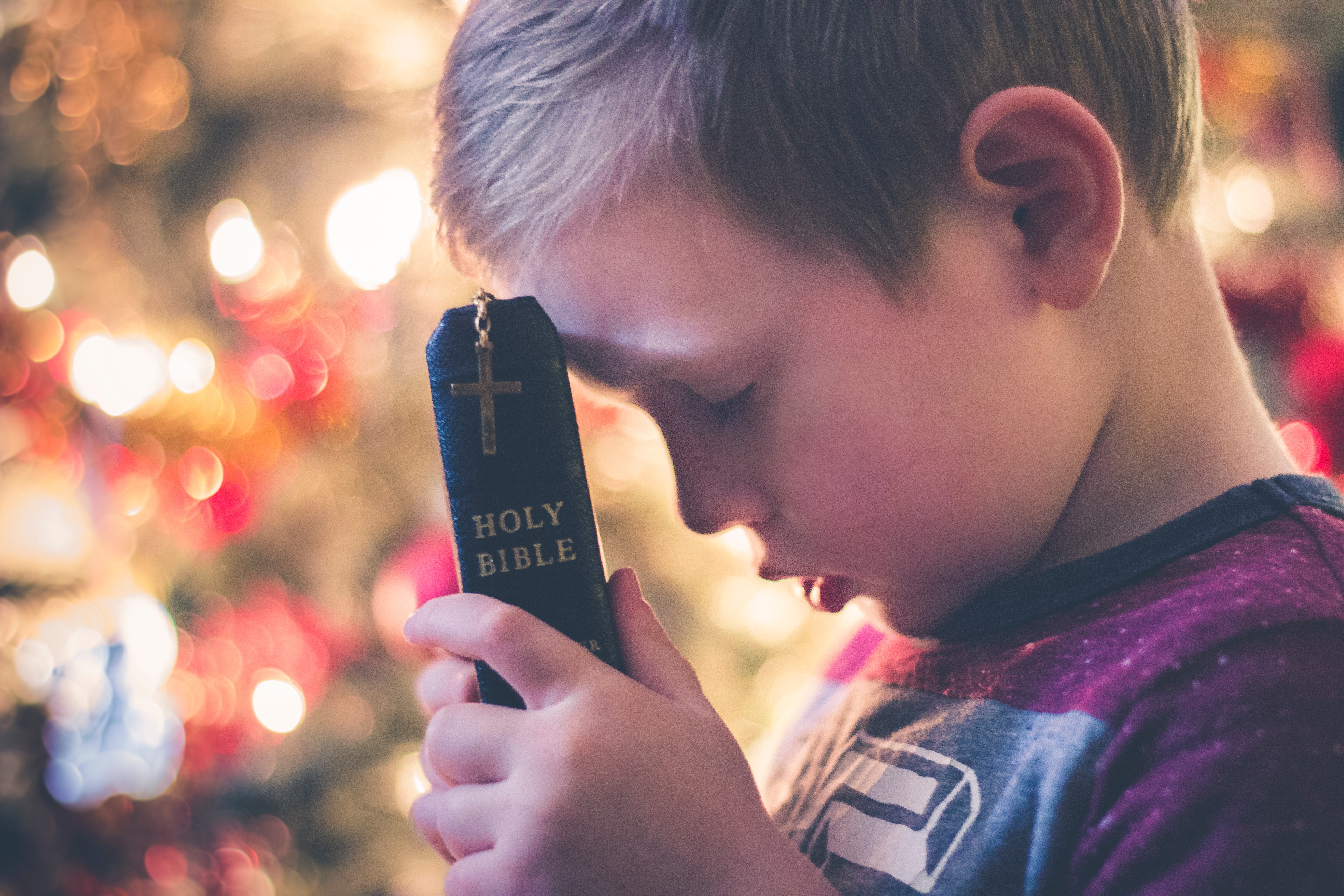 Child with his eyes closed holding onto a bible