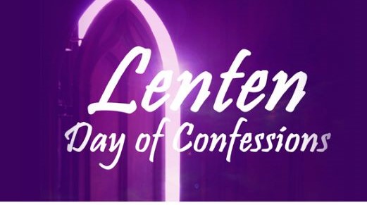 Purple poster with the words Lenten Day of Confessions